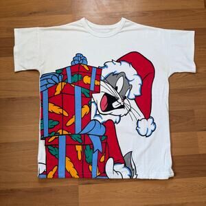 Vintage 90's Bugs Bunny Christmas Presents White Big Print Tee Shirt Sz Large